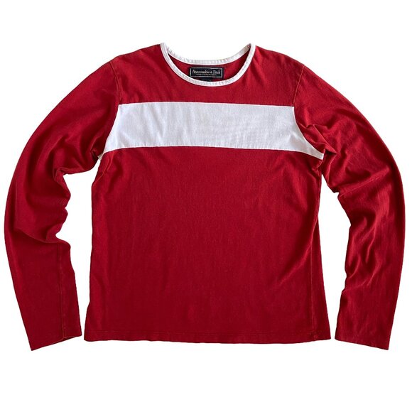 VINTAGE ABERCROMBIE & FITCH RED WHITE COTTON LONG SLEEVE TEE MEDIUM - Picture 1 of 5